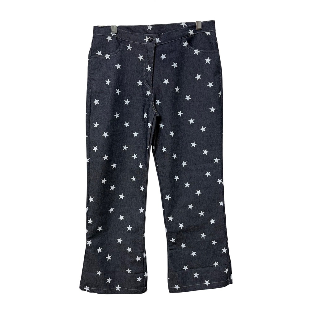 Vintage Star Print Denim Pants Made in Italy Dark Wash Split Hem Cropped 46